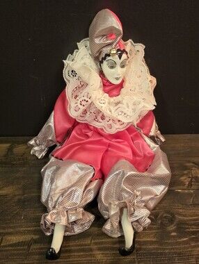 Vintage Porcelain Pierrot Clown Doll 14" Pink Satin Silver Harlequin Jester Mime